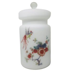 Rare Vintage Oriental Lidded Canister - Thin White Glass - Bird - Tree - Flowers